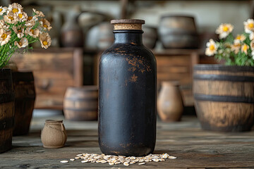 Natural Texture of Oats Stuck to Glass Bottle on Tabletop