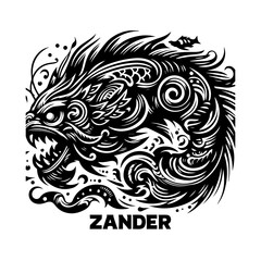 Monster with sharp teeth and claws isolated on white background with name zander