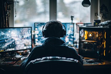 Gamer engrossed in video game, multiple screens