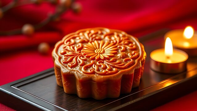Traditional mooncake with floral imprints on a lacquered tray, glowing under candlelight against a red fabric backdrop.
