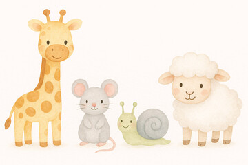 Obraz premium Whimsical nursery watercolor illustration of cute giraffe, mouse, snail, and lamb in soft pastel tones – ideal for baby room wall art, kids decor, or animal-themed baby shower prints 
