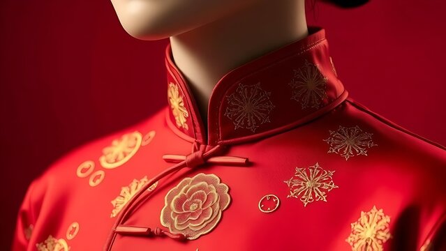 Silk qipao collar embroidered with peony and star patterns, showcasing ceremonial elegance.