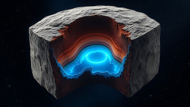 Cross-section of Earth revealing glowing blue core with dynamic liquid movement.