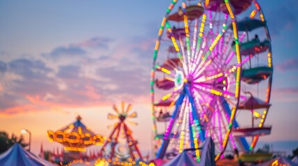 Vibrant Carnival Fairground at Dusk with Illuminated Ferris Wheel and Rides