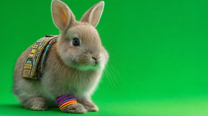 Adorable bunny wearing a colorful decorative vest.