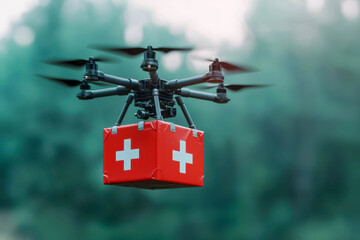 Healthcare Access and Universal Coverage. A futuristic emergency response drone delivering medical supplies to isolated communities
