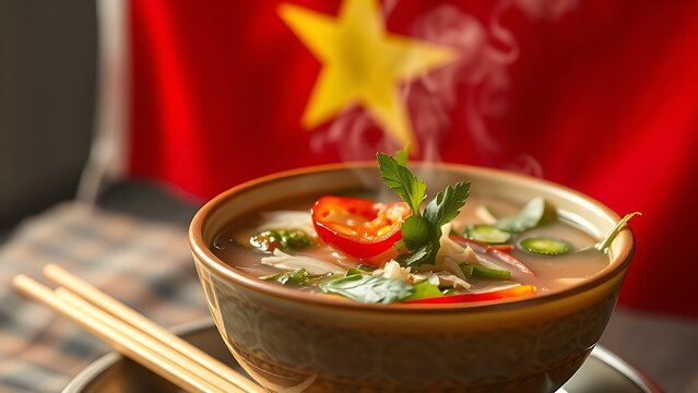 Traditional pho bowl with fresh herbs and chili, steam rising against blurred red flag, golden chopsticks nearby.