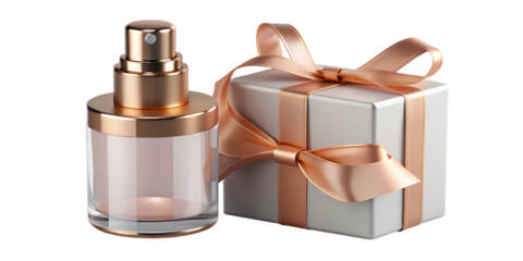 Clear face mist bottle with rose gold ribbon beside matching gift box on bright white backdrop