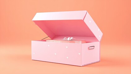 Open pink gift box with hearts, ribbon, and handle on coral background