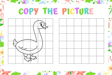 Copy the Picture Worksheet with Cute Goose, Duck Vector Illustration