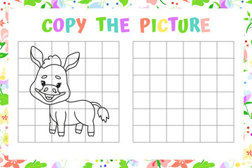 Copy the Picture Worksheet with Cute Donkey Vector Illustration