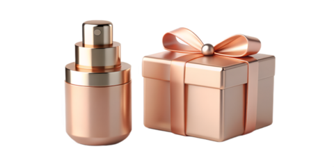 Minimalist beauty scene featuring clear spray bottle and gift box wrapped in festive rose gold