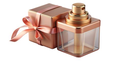 Face mist bottle in clear plastic tied with rose gold ribbon next to a matching elegant gift box
