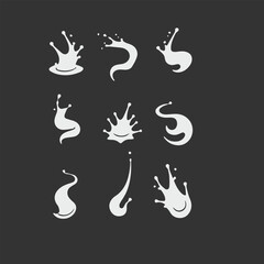 Milk splash vector set featuring dynamic liquid splashes, droplets, and waves in high-quality realistic style, perfect for food packaging, dairy product design, advertising, creative branding project.