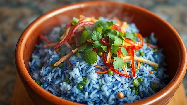 Colorful nasi kerabu in a terracotta bowl, blue rice contrasting with fresh herbs and aromatic spices.