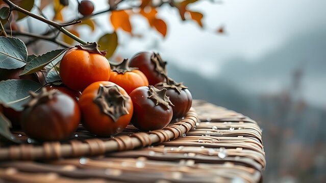 Glossy chestnuts and persimmons on a bamboo mat with misty mountains in the background, evoking autumn serenity.