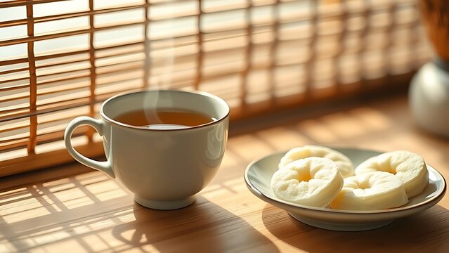 Delicate ceramic teacup with barley tea and songpyeon rice cakes, symbolizing Hangul Day tradition.