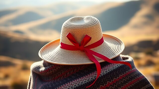 Finely woven huaso hat with a red ribbon, resting on a woolen poncho with sunlit hills in the distance.
