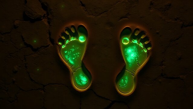 Fossilized footprints illuminated by bioluminescence on ancient stone, revealing forgotten history.