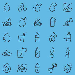 A collection of thin line icons representing water, drops, bottles, and hydration. Simple vector outline symbols for liquids and splashes.