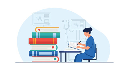Medical professional studying in a clinical setting with monitoring equipment and reference books