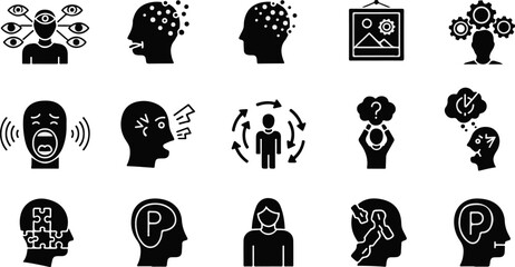 Vector art of set of icons illustrating psychological states and mental health challenges