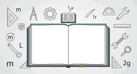 Open book surrounded by engineering tools representing technical education background