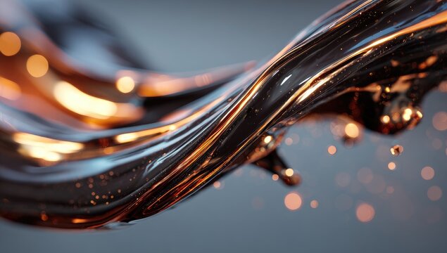 Abstract liquid swirl in shades of gold and dark brown, with splashes and bokeh