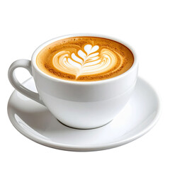 A white cup filled with coffee, showcasing intricate latte art on the surface.