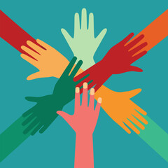 Community hands for support. Colorful hands vector illustration.