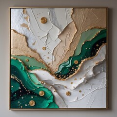 Modern abstract interior painting with complex textures and champagne, emerald, and platinum tones in asymmetrical composition with fabric, gold leaf, and resin details

