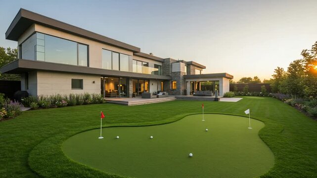 Modern home with golf putting green at sunset