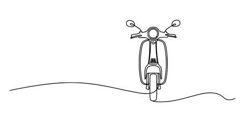 Minimalist black and white line drawing of a scooter motorcycle vehicle