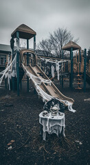 Halloween decorated playground with skulls and cobwebs