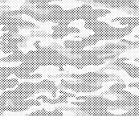 Abstract halftone seamless camouflage pattern. Repeating digital dotted hexagonal camo military texture background. Abstract modern fabric textile ornament. Vector illustration.