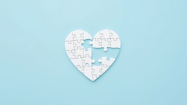 Heart-shaped puzzle on a light blue background, symbolizing autism awareness with soft overhead light.