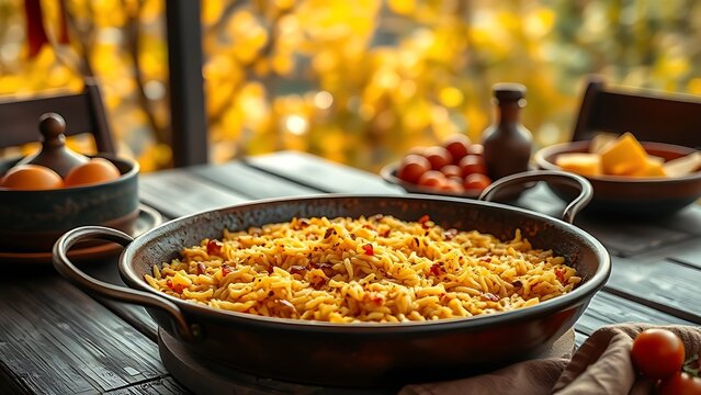 Traditional Spanish paella in a bronze pan with saffron-infused rice, set against rustic autumn foliage.