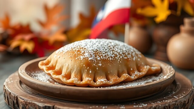Traditional empanada on a rustic wooden plate, dusted with powdered sugar and autumn leaves behind.