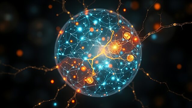 Microscopic neural networks forming glowing memory patterns within a translucent cell membrane.