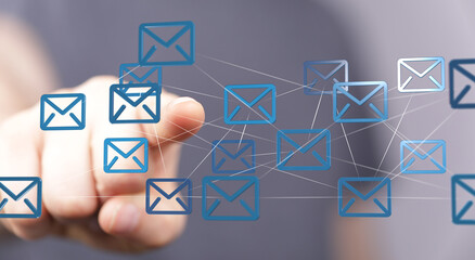 Hand interacting with a network of email icons, representing global communication and connectivity.
