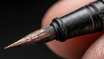 Naklejka premium Close-up of a vintage fountain pen nib. A weathered, dark-colored nib with a copper-toned, textured surface is held by a hand