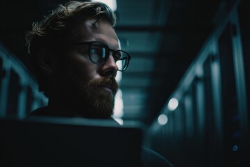 A man with glasses and a beard is focused on a laptop in a dimly lit server room, surrounded by rows of servers.