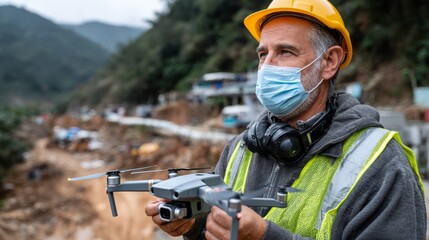 Fototapeta premium Male engineer using drone for project inspection in remote area technical career natural environment