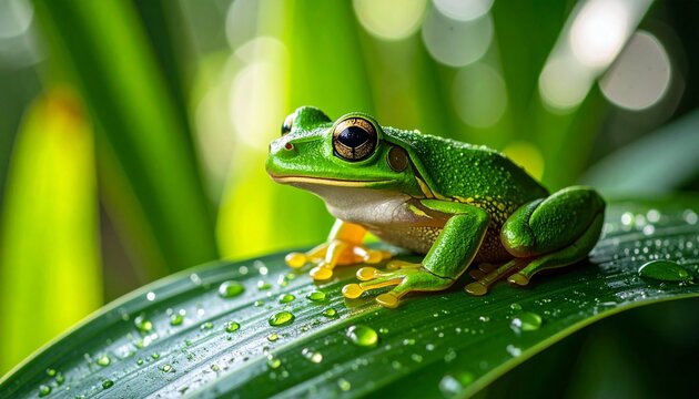 Vibrant green tree frog resting on a wet leaf with water droplets in a lush rainforest. A symbol of nature's serenity and wildlife.