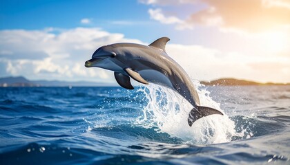Fototapeta premium Playful dolphin jumping high out of the blue sea with a splash, bathed in warm sunlight, embodying freedom and joy