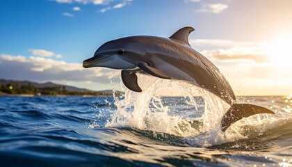 Naklejka premium A joyous dolphin leaps from the sparkling ocean waves at sunset, showcasing its agility and the beauty of marine life