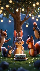 Fototapeta premium Cute Animals Celebrate a Birthday Party Outdoors With a Cake and Lights