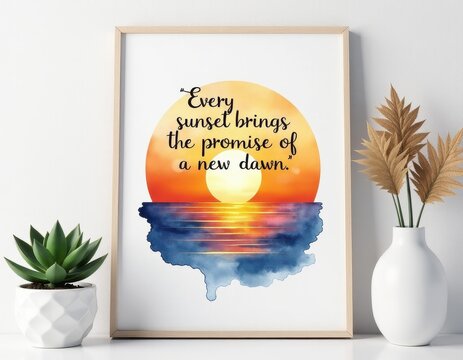 Hopeful Sunset Watercolor Wall Art with Motivational Quote