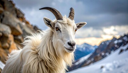 Obraz premium Majestic Mountain Goat Portrait Close-Up of a Wild Animal in Alpine Environment
