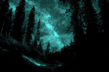 Silhouetted trees in a dark forest, under a vibrant teal night sky filled with stars and milky way